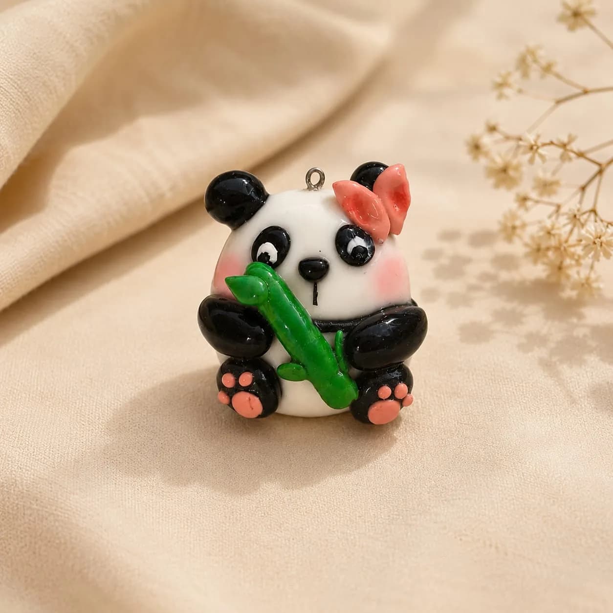 Handmade Panda Clay Charm, Cute Panda Keychain, Bamboo Bear Bag Charm, Miniature Animal Gift